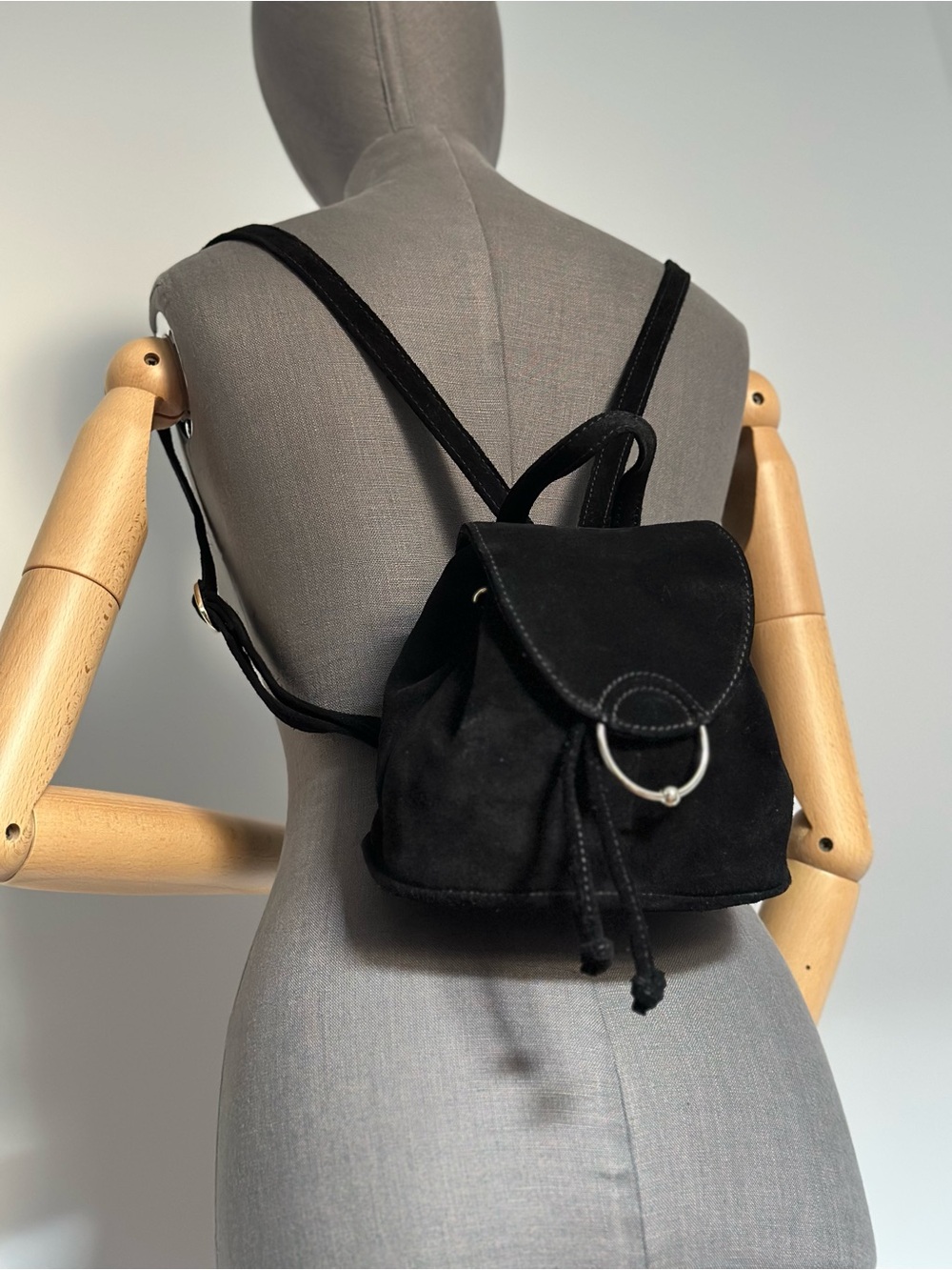 Black Suede Mini Backpack Drawstring Leather Bag Silver Hardware - Picture 8 of 17